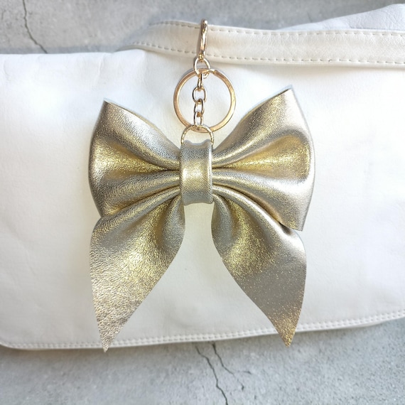 Gold Leather Bow Bag Charm: Elegant Coquette Handbag Accessory
