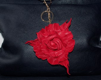 Red rose leather keychain bag charm, June birth flower bag charm, Red flower charm, Handbag leather rose charm, Bag flower decor