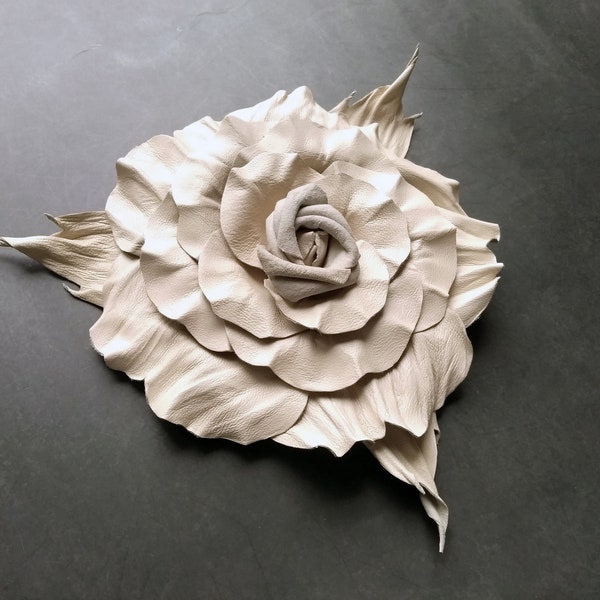 Ivory rose brooch, Leather flower pin, Cream large flower brooch, June birth flower brooch, Leather anniversary gift, Beige rose broach