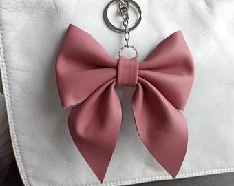 Dusty Pink Leather Bow Bag Charm: Coquette Handbag Decor
