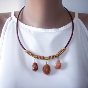 Carnelian necklace Bib necklace Leather necklace Seed bead necklace Stone necklace Statement necklace Raw Wife gift Mom gift Womens gift image 1