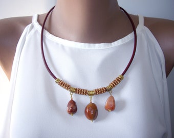 Carnelian necklace Bib necklace Leather necklace Seed bead necklace Stone necklace Statement necklace Raw Wife gift Mom gift Womens gift