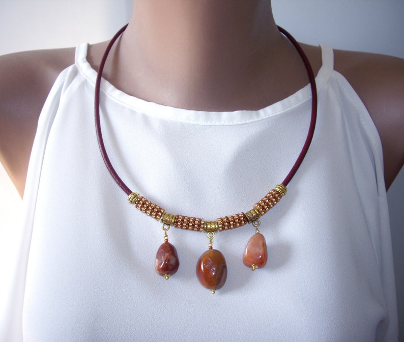 Carnelian necklace Bib necklace Leather necklace Seed bead necklace Stone necklace Statement necklace Raw Wife gift Mom gift Womens gift image 1