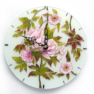 Unique flower wall clock - Retro round wall home decor - Art wall clock -  Pink floral clock - Glass wall clock - Christmas gift for nana