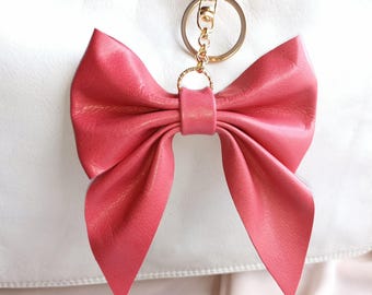 Hot Pink Leather Bow Bag Charm: Coquette Handbag Accessory