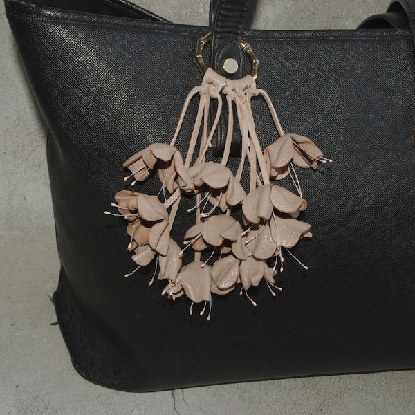 Leather Flower Bag Charm: Long Beige Floral Handbag Accessory