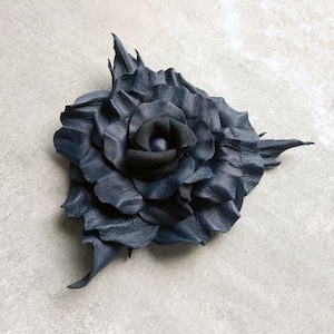 Large Dark Blue Leather Rose Statement Brooch: Elegant Flower Pin