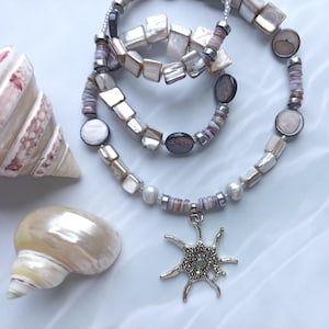 Colar com pingente de estrela do mar e pérola: joia com contas de concha, presente de verão