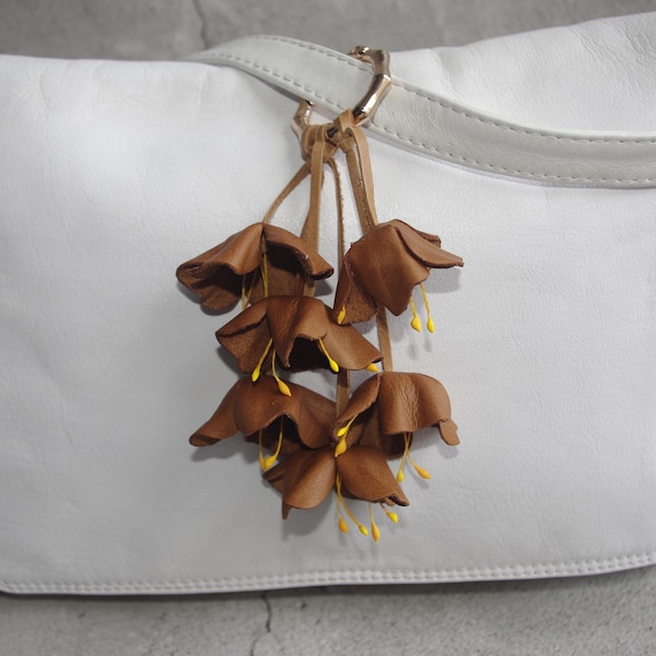 Brown Leather Flower Bag Charm: Handmade floral purse charm