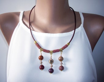 Jasper necklace Statement necklace Bib necklace Leather choker Mookaite necklace Gift for wife Mom gift Womens gifts Red necklace Gifts her
