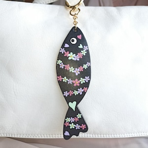 Black floral fish leather bag charm - Sardine purse charm - Flower fish handbag leather charm - Leather key holder - 3rd anniversary gift