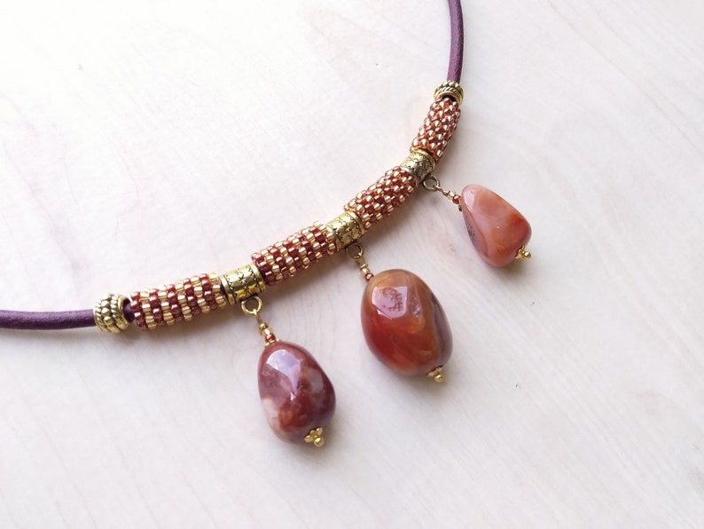 Carnelian necklace Bib necklace Leather necklace Seed bead necklace Stone necklace Statement necklace Raw Wife gift Mom gift Womens gift image 5