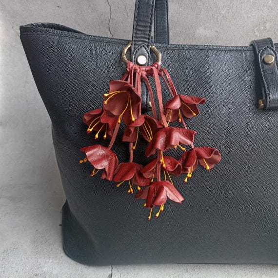 Dark Red Leather Flower Bag Charm: Handmade Bordeaux Floral  display picture 3