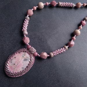 Pink rhodonite pendant necklace handmade, Pink statement seed bead necklace, Long stone necklace, Jasper necklace, Mother&#39;s Day gift