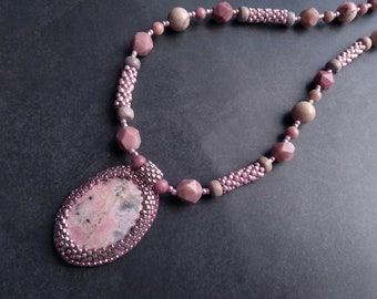 Pink Rhodonite necklace handmade, Pink statement seed bead necklace, Long stone necklace, Jasper necklace, Gift for wife, Gift for nana