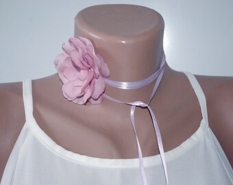 Lilac pink flower choker necklace pure silk, 4th anniversary gift for wife, Elegant adjustable choker, Summer jewelry, Gift for sister