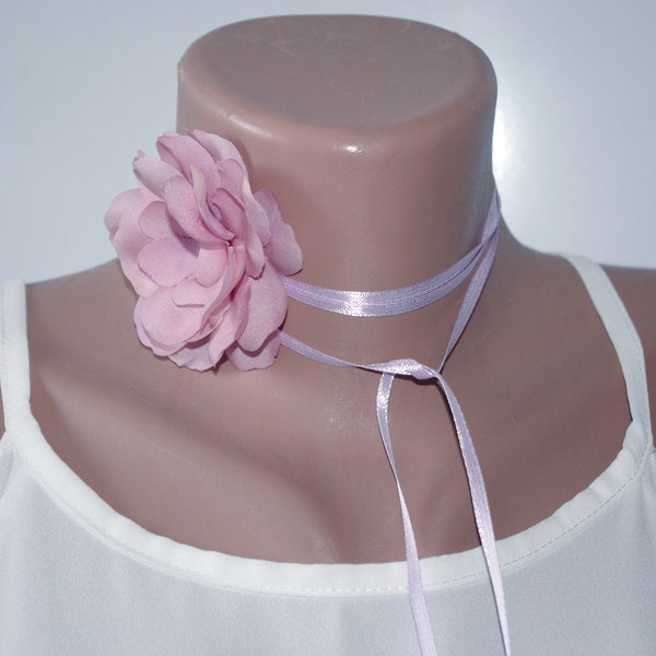 Lilac pink flower choker necklace pure silk, 4th anniversary gift for wife, Elegant adjustable choker, Summer jewelry, Gift for sister