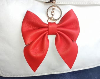 Red Leather Bow Bag Charm: Coquette Keychain, Handmade