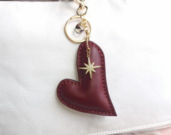 Bordeaux Leather Heart Bag Charm: North Star Keychain - Burgundy Marsala
