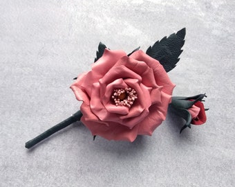 Hot pink rose brooch, 3rd anniversary gift, Handmade large flower brooch, Valentine's Day gift, Leather floral pin,  Wife gift