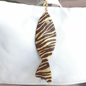 Brown gold striped fish leather bag charm - Sardine purse charm - Zebra stripe fish handbag leather charm - 3rd anniversary gift