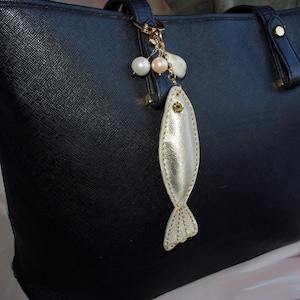 Gold fish leather bag charm - Sardine purse charm - Gold handbag leather charm - Leather key holder - Gift for sister - 3rd anniversary gift