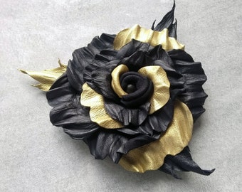 Black gold large flower brooch, Leather leather rose, 3rd anniversary gift, Gift for grandma, Handmade jewelry, Bonus Mom gift