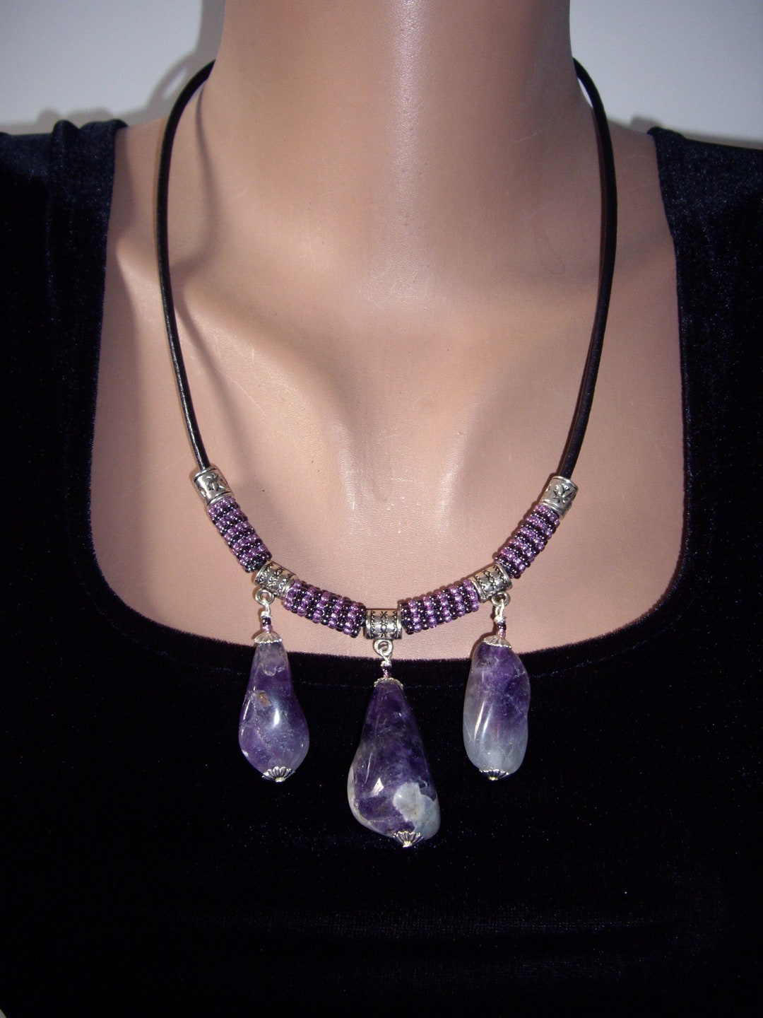 Amethyst Necklace Bib Necklace Leather Necklace Seed Beads - Etsy