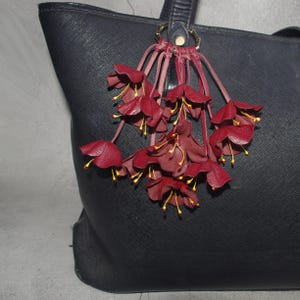Dark Red Leather Flower Bag Charm: Handmade Bordeaux Floral Handbag Accessory