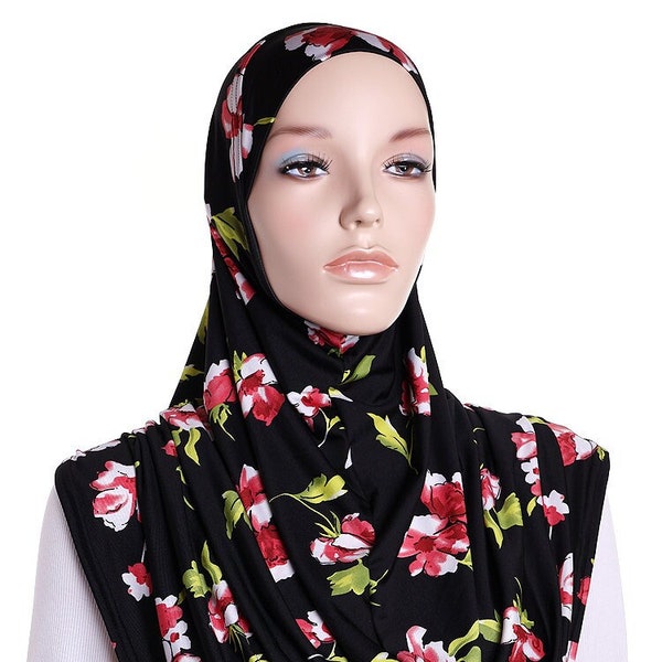 Black Floral Instant Hijab, Premium Amira Ameera Jersey Hijab, Ready To Wear Hijab, Jersey Scarf, Jersey Hijab, Womens Hijab, Gift For Her