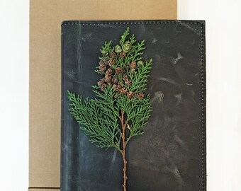 Leather Cover Notebook  Wire Binding Insert Gray Genuine Cowhide Vintage Journal