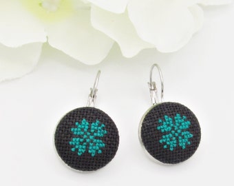 Green and black earrings gifts for sister, Hand stitched everyday earrings gifts for women, Hypoalergenic earrings birthday gift