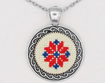 Necklace for woman with romanian motif in red and blue Bohemian necklace Gift for wife from husband, Romania traditional embroidered pendant