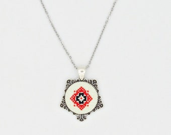 Necklace for woman with romanian motif in red and black, Bohemian necklace Gift for wife from husband, traditional embroidered pendant