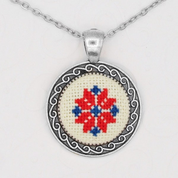 Necklace for woman with romanian motif in red and blue Bohemian necklace Gift for wife from husband, Romania traditional embroidered pendant