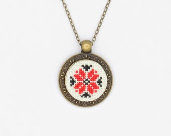 Necklace for woman with romanian motif in red and black, Bohemian necklace Gift for wife from husband, gift from Romania for mother in law