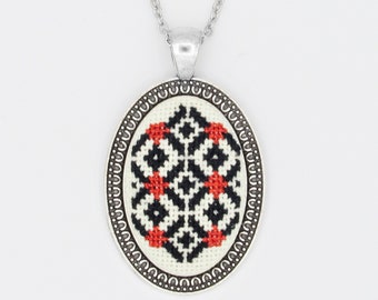 Red black necklace with romanian traditional motif, Embroidered pendant Gift for wife necklace for women, Romanian blouse detail necklace