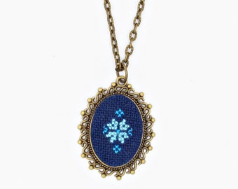 Necklace for woman with romanian motif in blue, Blue Bohemian necklace Gift, embroidered pendant for accesorizing romanian blouse