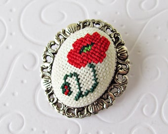 Martisor gift for wife, California poppy birthday gift for her, red poppy brooch, cross stitch jewelry from Romania, Baba Marta Martenitsa