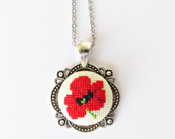 Poppy necklace gift for mom, Red poppy pendant mother's day gift, red flower Floral jewelry Christmas gift from husband, mom birthday gift