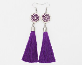 Purple Tassel earrings, Romanian statement earrings, purple folk jewelry gift Romania, violet hypoallergenic earrings for sensitive ears