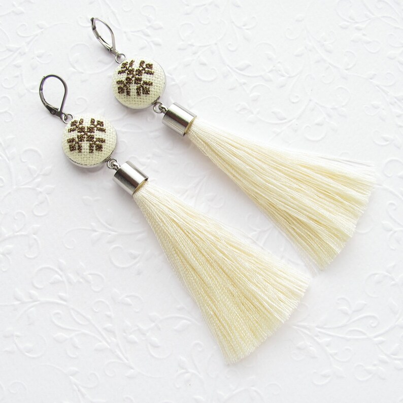 Boho Bride Earrings Cream Tassel Earrings Statement Etsy