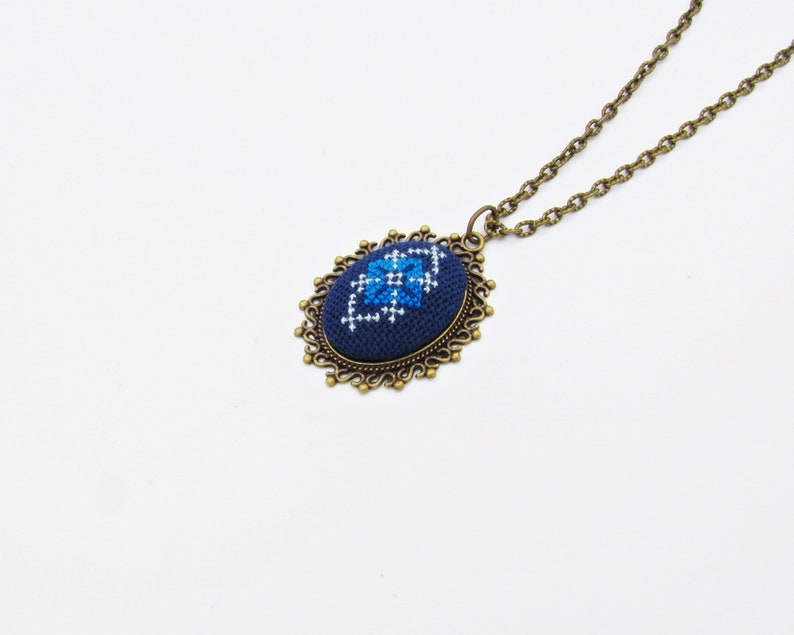 Necklace for woman with romanian motif in blue, Blue Bohemian necklace Gift for wife from husband, embroidered pendant for aunt image 2