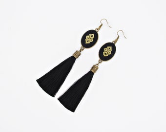 Black tassel earrings, Long Earrings, Black statement earrings, black and gold earrings for women, black tassle jewellery, Romanian gift