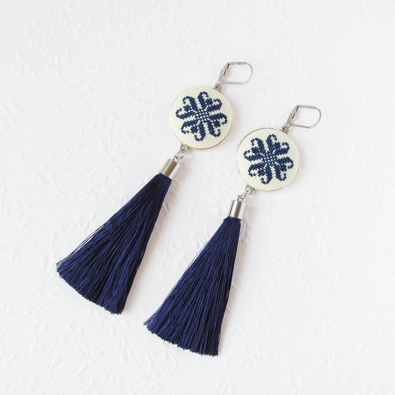 Navy Tassel Earrings, Hand Embroidered Statement Earrings, Long