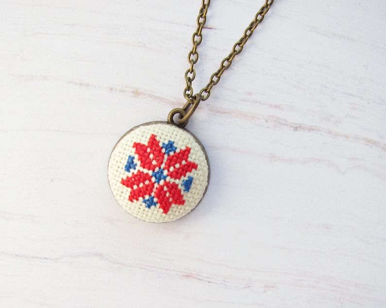 cross stitch necklace Mothers day Gift necklace for women Red and blue necklace with romanian traditional motif