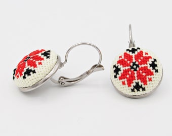 Red and black Romanian earrings, Everyday dangle earrings sustainable jewelry, hand embroidered roumanian blouse detail, traditional jewelry