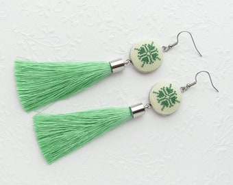 Mint green tassel earrings for girlfriend, Pastel green Fringe earrings gift for mom, Romanian blouse detail Statement Earrings for women