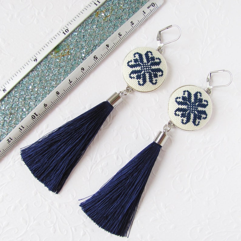 Navy Tassel Earrings, Hand Embroidered Statement Earrings, Long