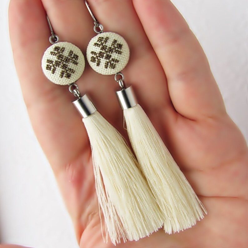 Boho Bride Earrings Cream Tassel Earrings Statement Etsy